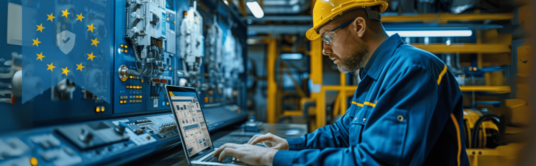 Header Rexroth Bosch Referenz Mitarbeiter sitzt vor Laptop in Produktionshalle.