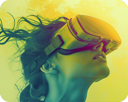 Eine Frau trägt eine VR Brille mit einem gelben Filter drüber.