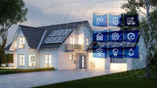 House with garage in the evening with smart home technology